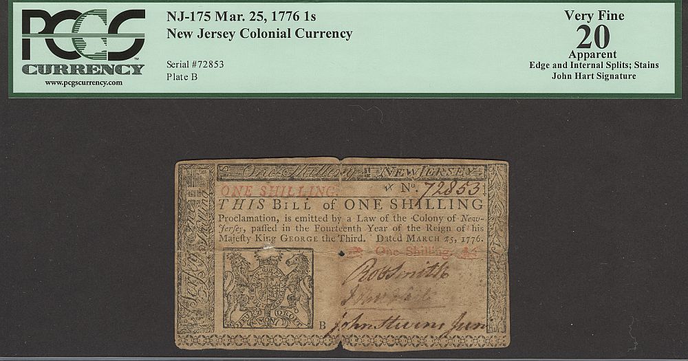 NJ-175 Colonial, 1 Shilling, March 25, 1776 - John Hart Signature, 72853, pcgs-20a